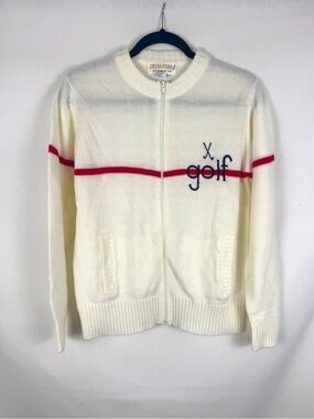 Quantum Vintage Golf Cream Zip-Up Sweater with Red Stripe